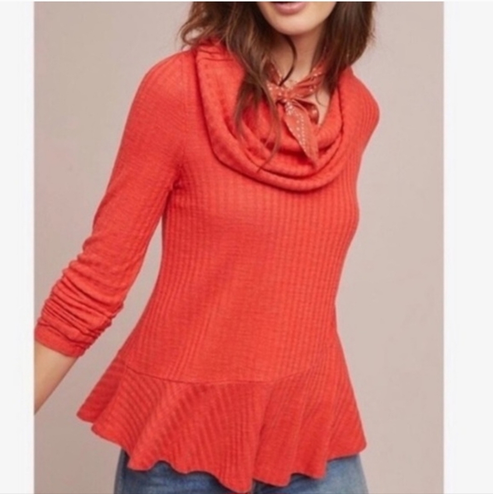 Maeve Anthropologie Cowl Neck Ribbed Sweater Sz L Orange